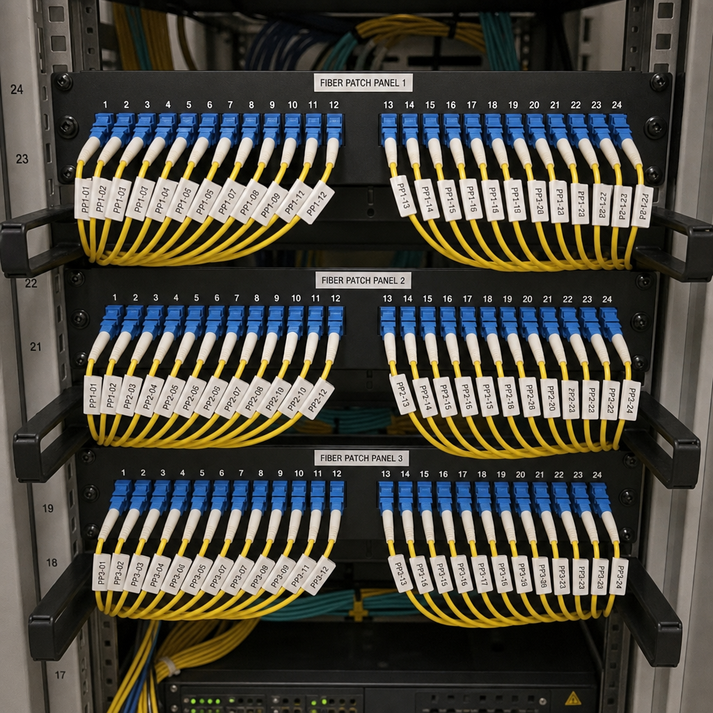 Single mode fiber patch panels with yellow LC fiber patch cables in a data center rack