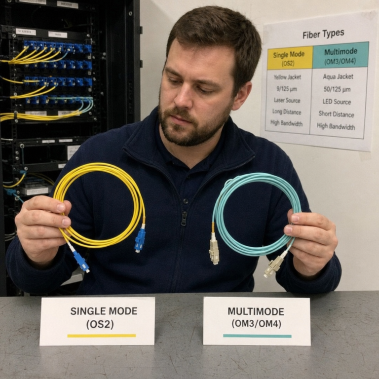 Person holding single mode OS2 yellow fiber cable and multimode OM4 aqua fiber cable side by side
