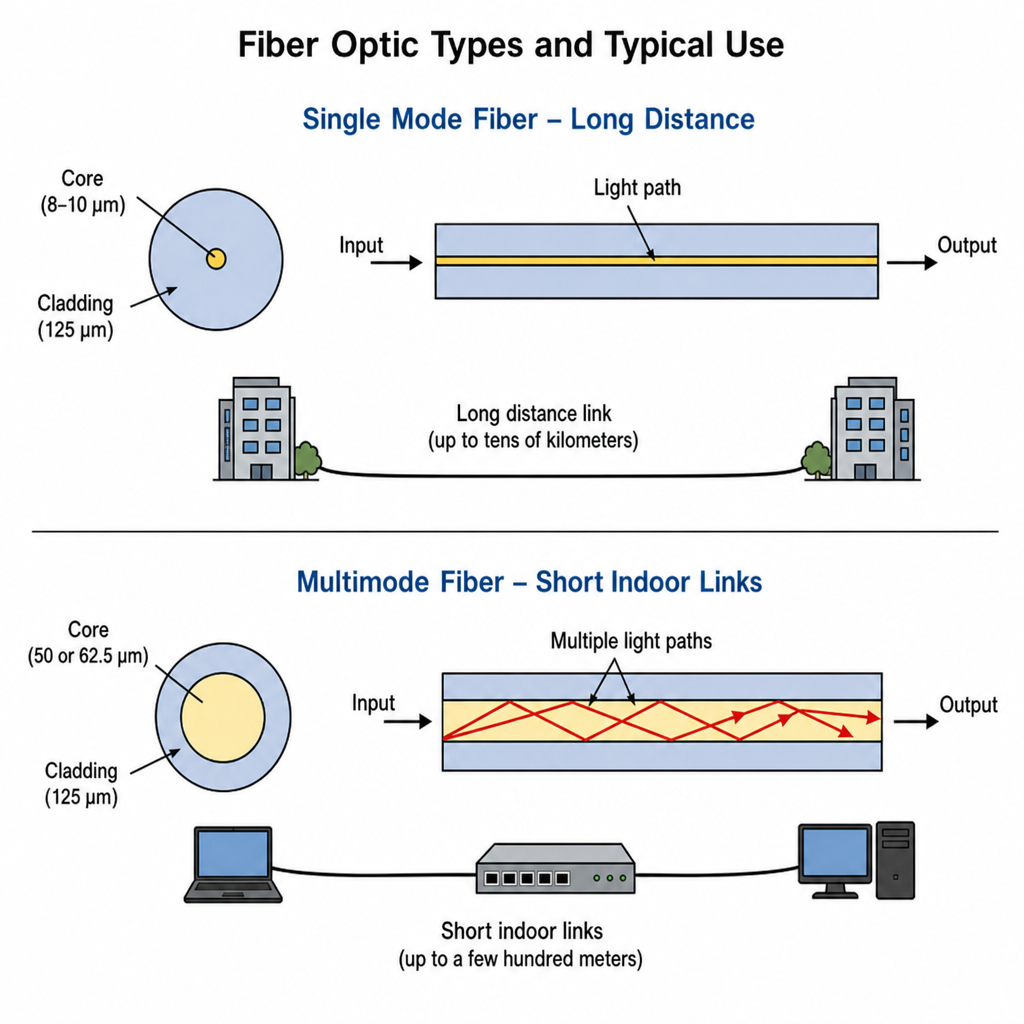 Technical diagram comparing single mode and multimode fiber optic cable core sizes and light paths