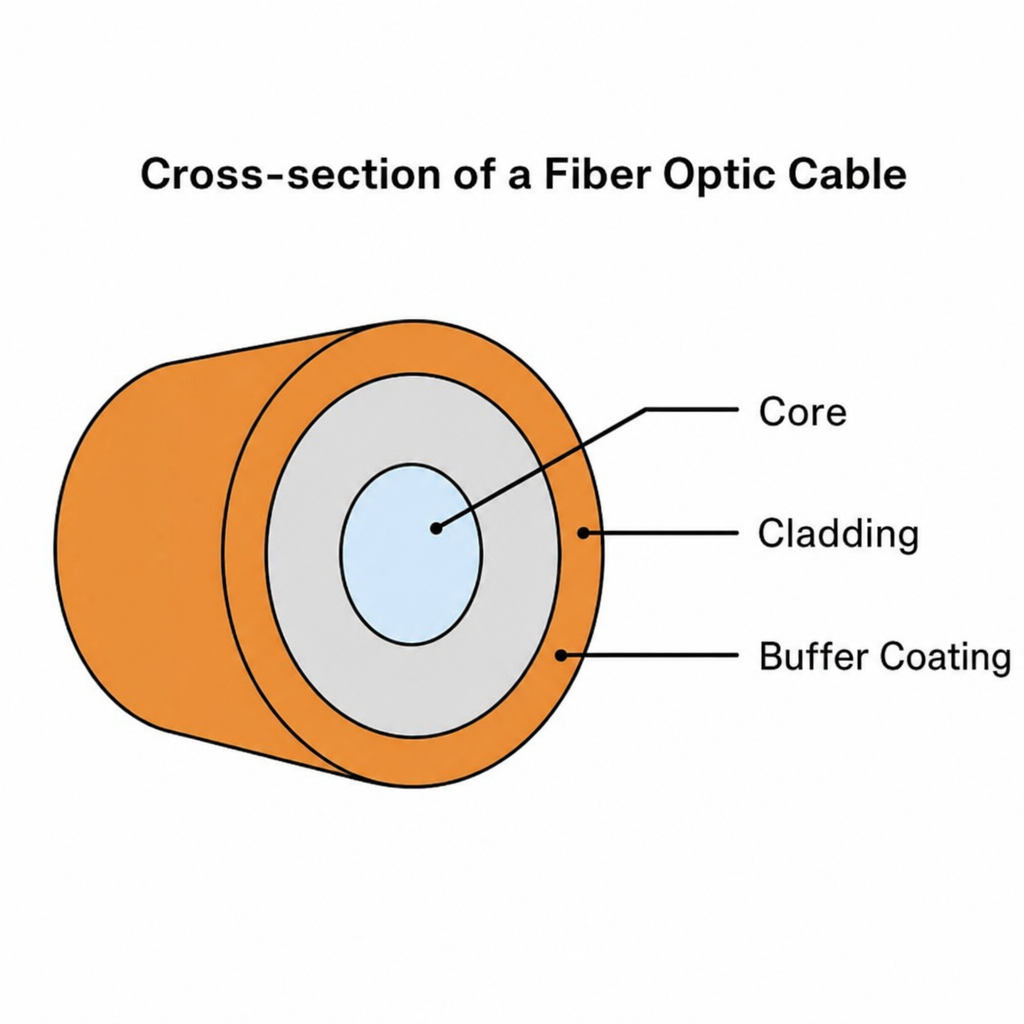Diagram showing the cross-section of a fiber optic cable with core, cladding, and buffer coating layers labeled