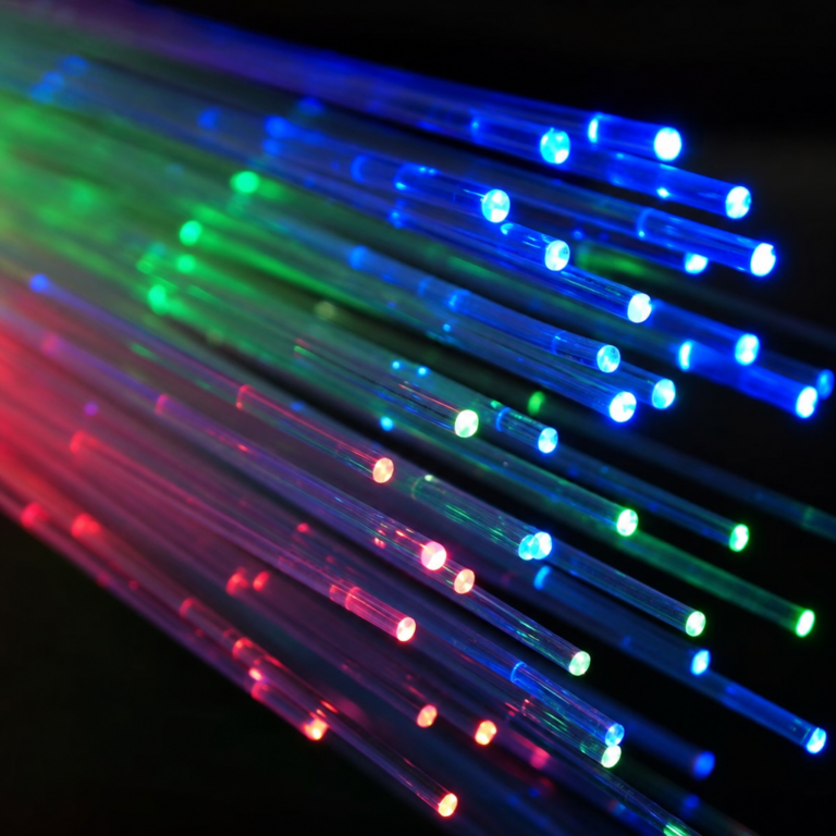 Colorful fiber optic cable strands transmitting light signals