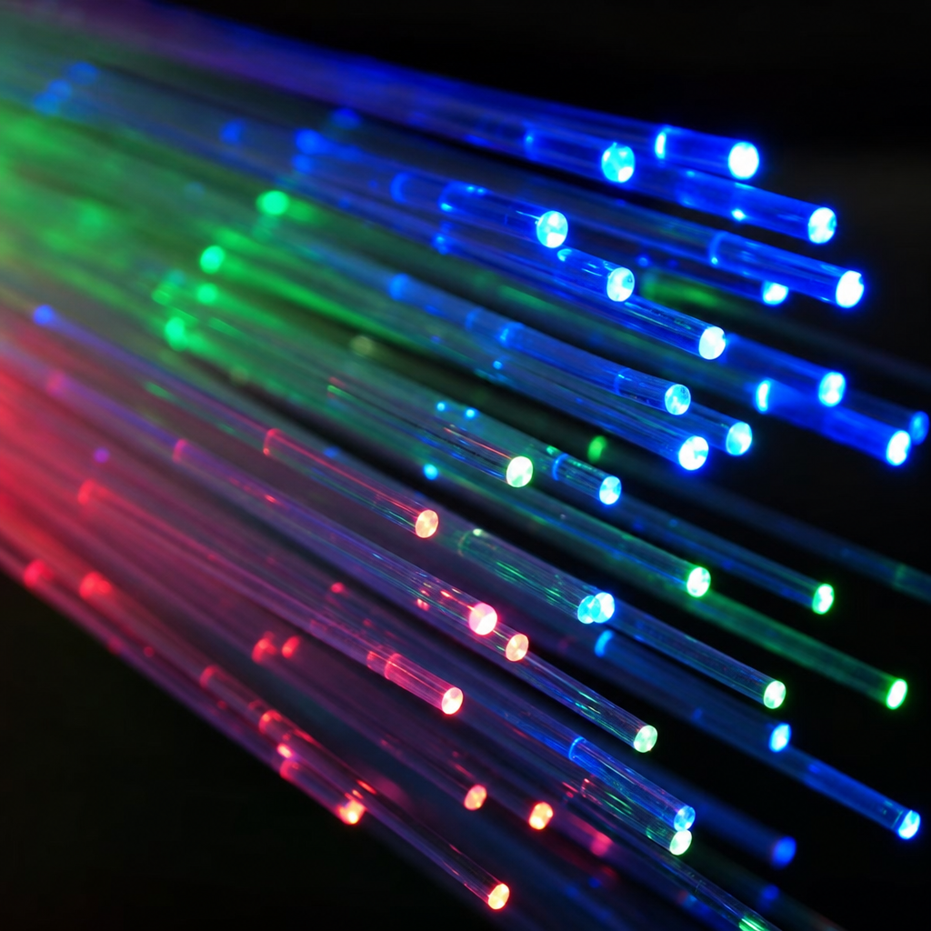 Colorful fiber optic cable strands transmitting light signals