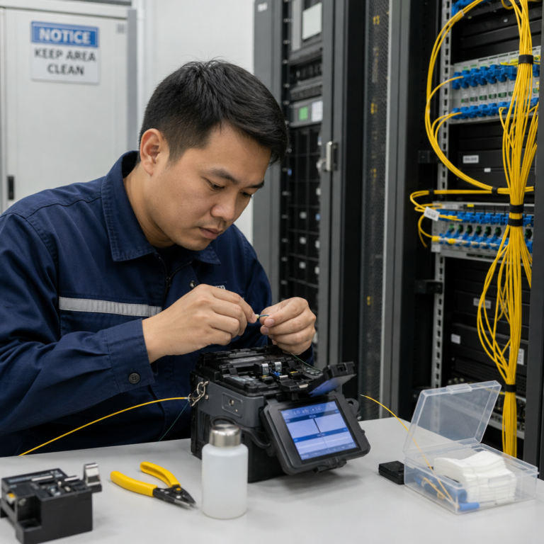 Fiber optic cable technician performing fusion splicing in a data center with yellow single-mode cables