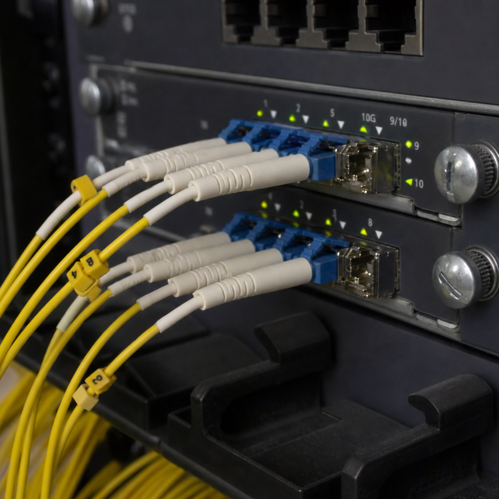 Fiber optic cables connected to network switch
