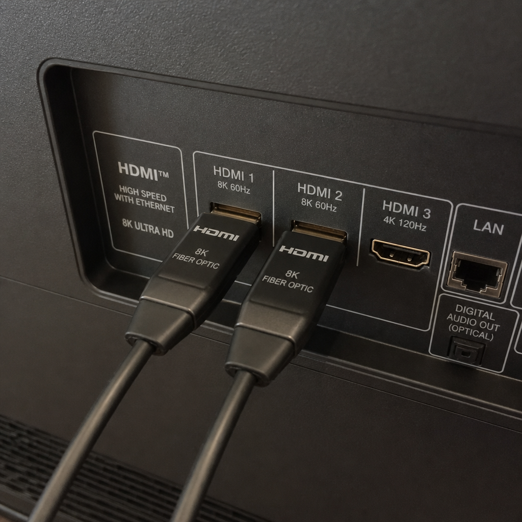 8K fiber optic HDMI cables plugged into the back of a television