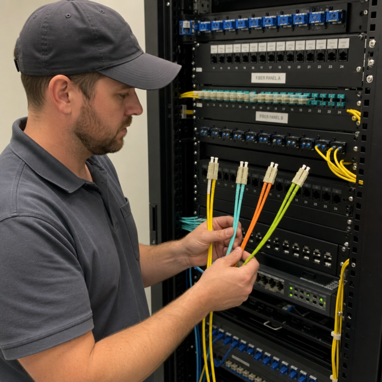 Fiber optic patch cable colors: technician holding yellow, aqua, orange, and lime green LC duplex cables at a fiber patch panel
