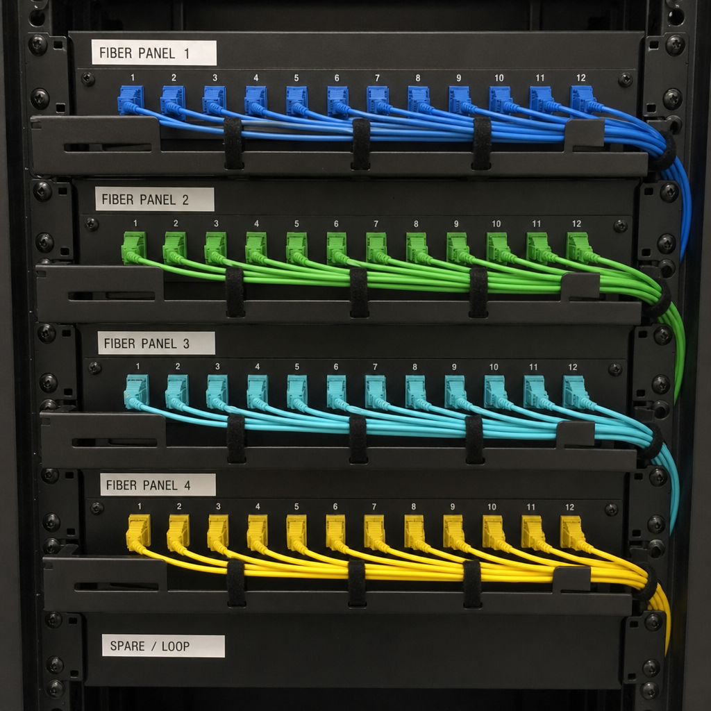 Fiber patch panels with color-coded cables by fiber type
