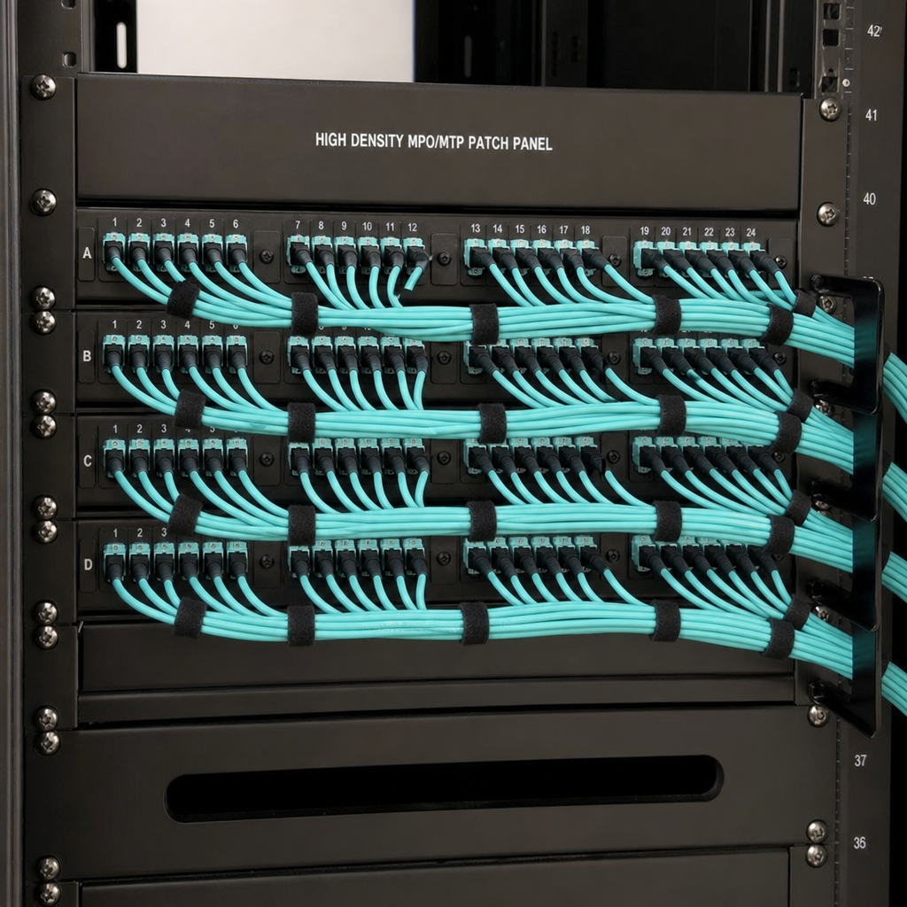 High-density MPO/MTP patch panel in a server rack with aqua OM4 multimode fiber patch cables