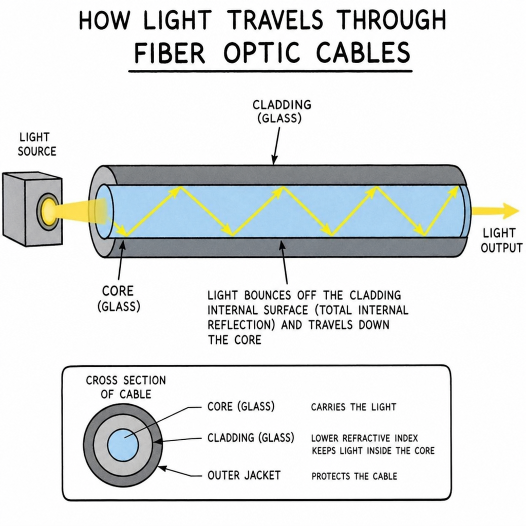 Diagram showing how light travels through fiber optic cable core and cladding using total internal reflection