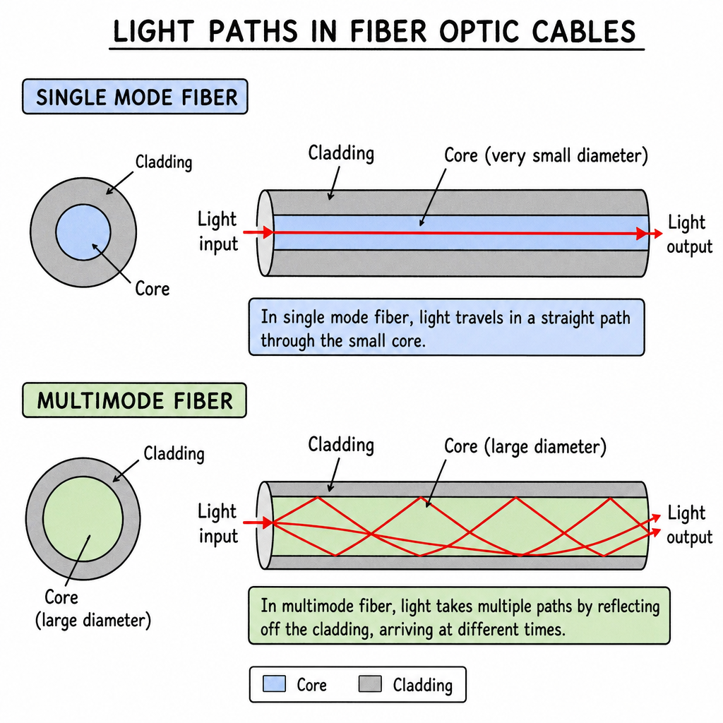 Diagram comparing light paths in single mode fiber (straight path) and multimode fiber (multiple bouncing paths)
