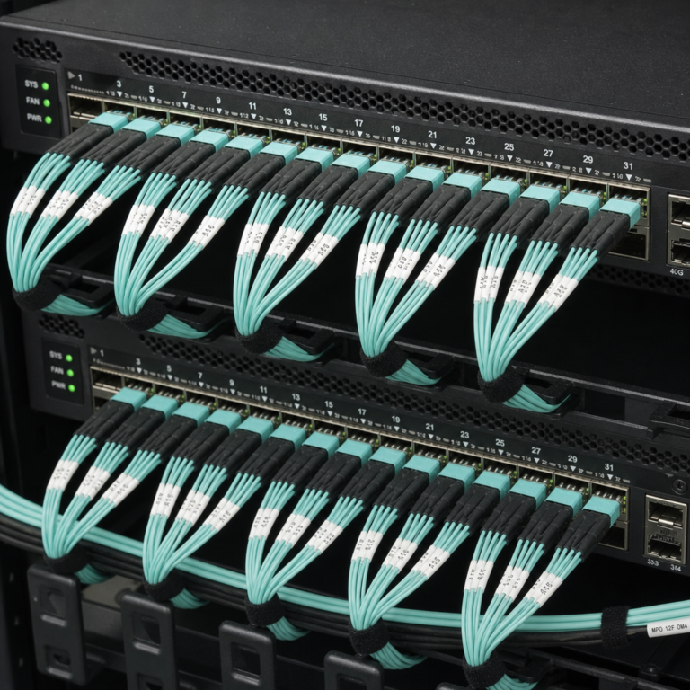 Aqua OM4 MPO 12-fiber breakout cables fanning out from 40G switch ports in a data center rack