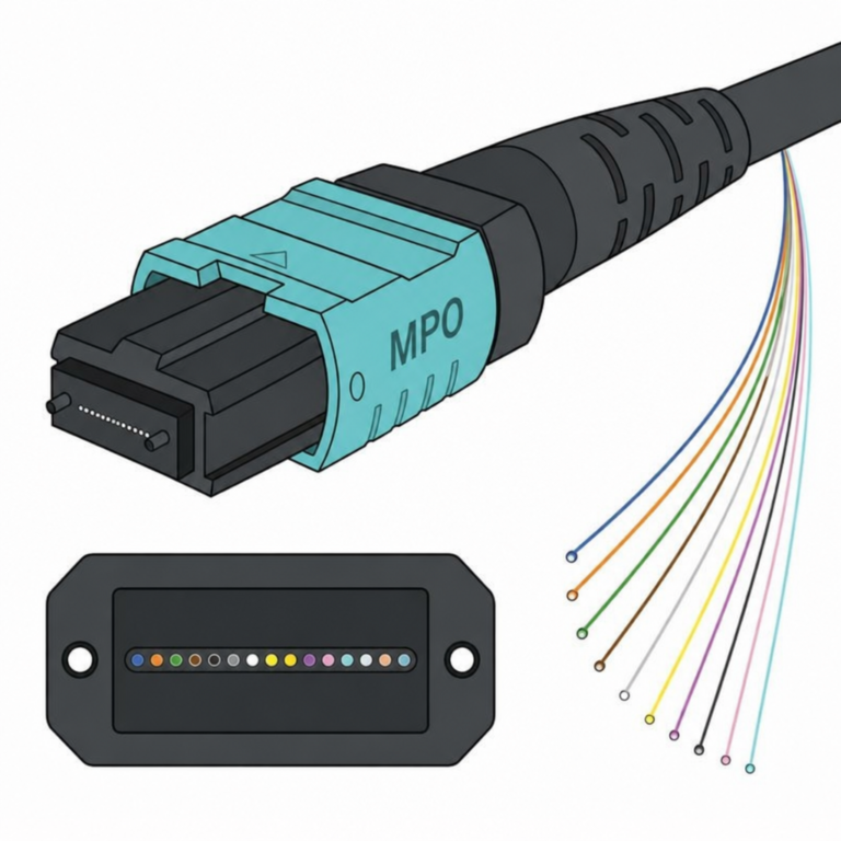 MPO connector illustration showing the connector housing with color-coded fiber strands fanning out and ferrule end-face positions