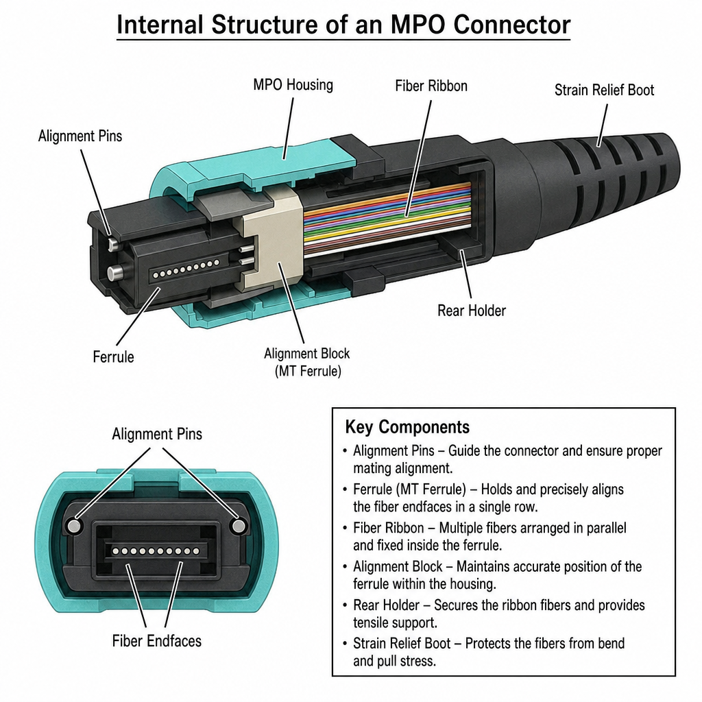 Cutaway diagram of MPO connector internal structure showing alignment pins, MT ferrule, fiber ribbon, alignment block, rear holder, and strain relief boot