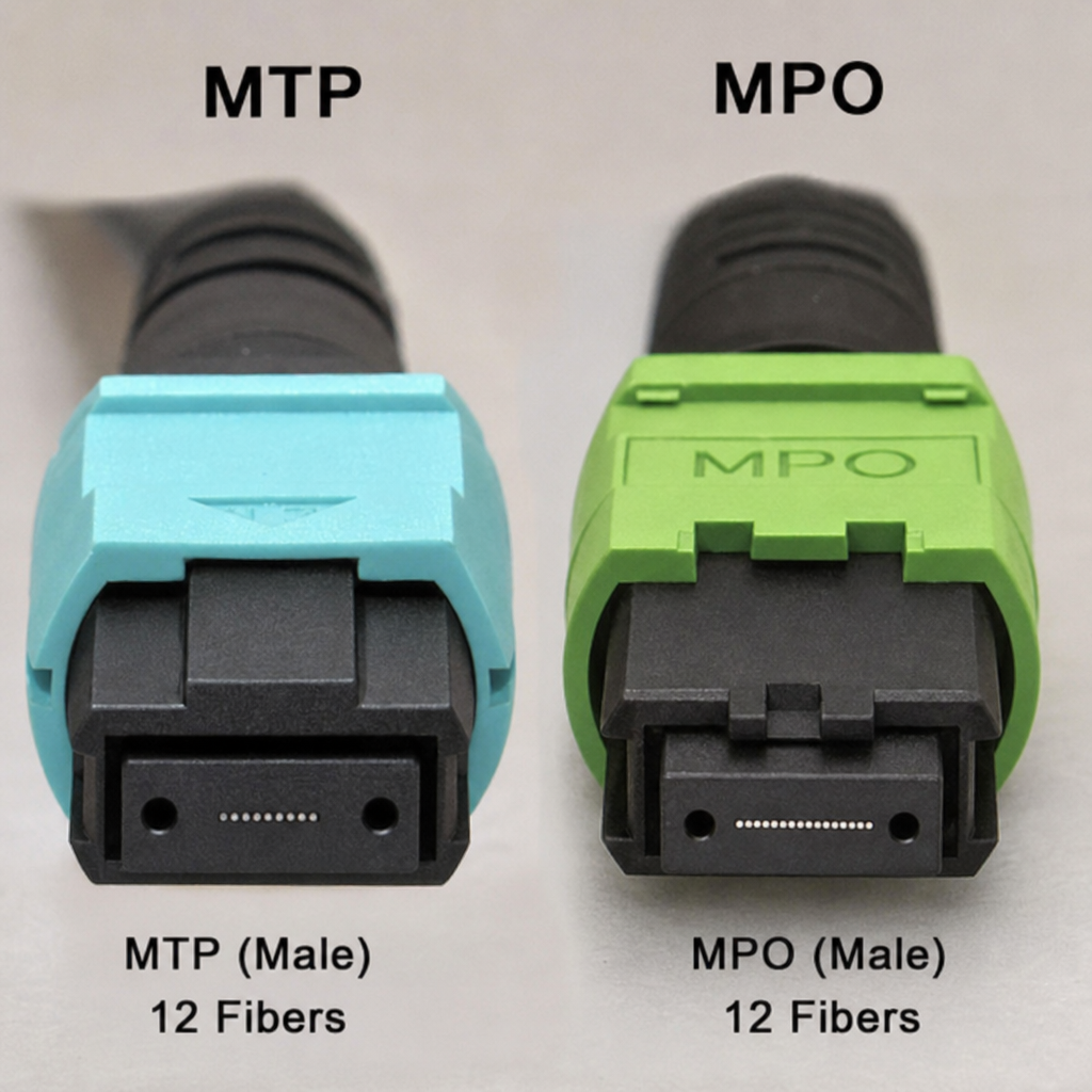 Side-by-side comparison of MTP (teal) and MPO (green) male 12-fiber connectors showing their physical differences