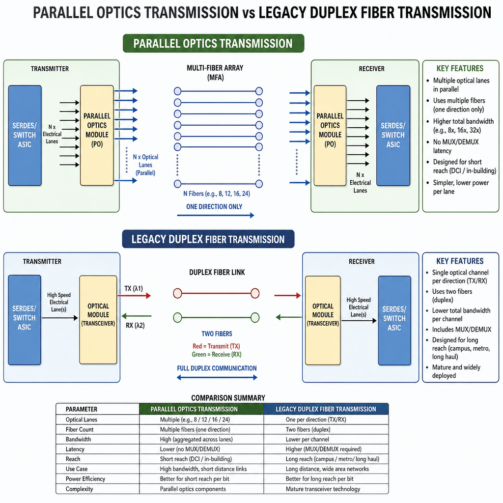 Technical diagram comparing parallel optics transmission using multiple fiber lanes versus legacy duplex fiber transmission with a two-fiber link