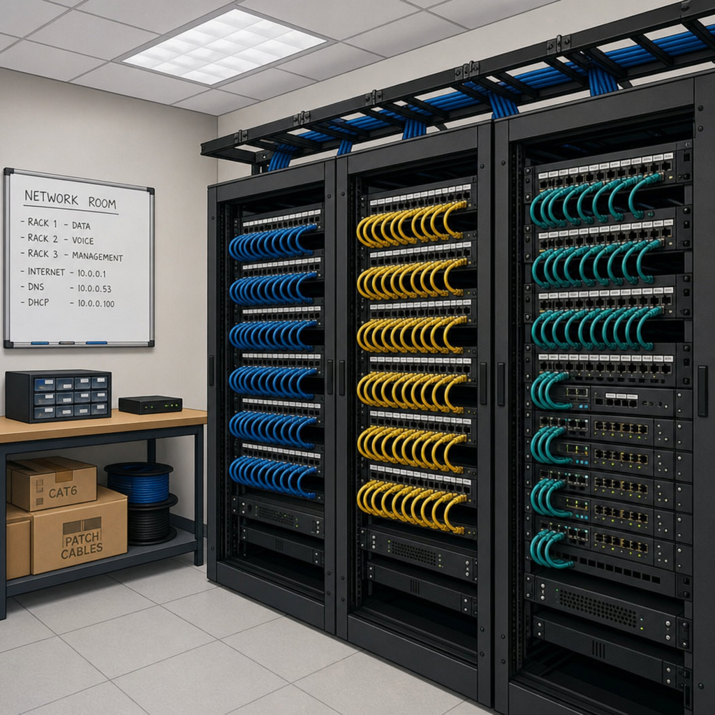 Organized structured cabling network room