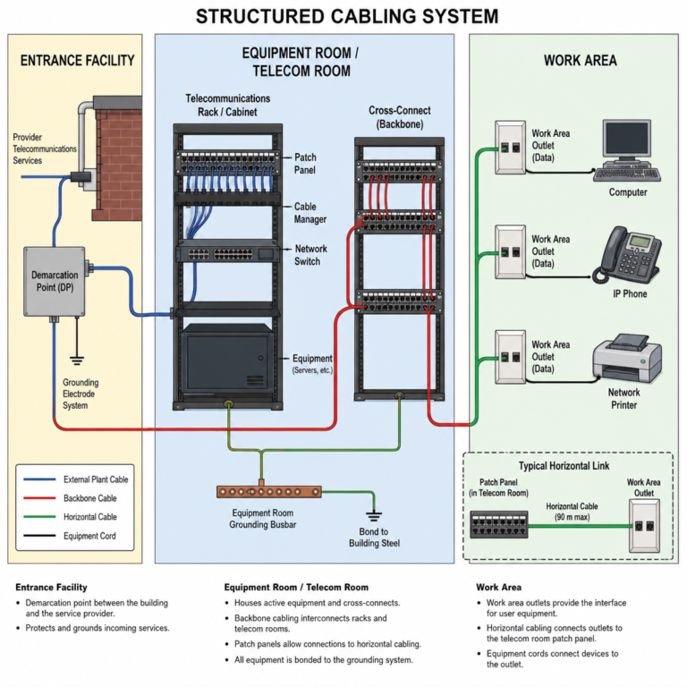 Structured cabling system diagram illustrating entrance facility, telecom room with patch panels and network switch, backbone cabling, and work area outlets