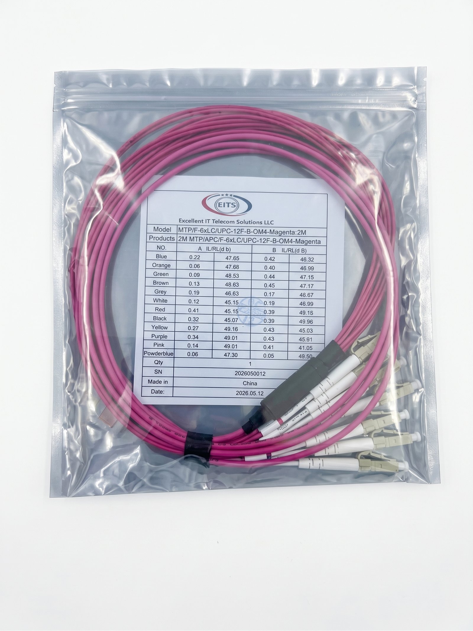EITS 2M MPO-12 Multimode Fiber Optic Patch Cable, OM3/OM4/OM5, 12-Fiber, Type A/B/C Polarity, MPO Male/Female, Magenta - Image 2
