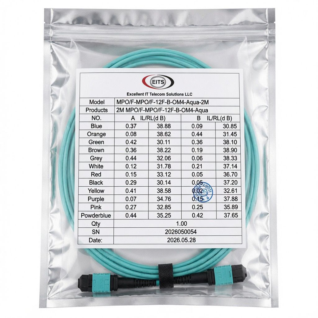 EITS 2M MPO-12 Multimode Fiber Optic Patch Cable, OM3/OM4/OM5, 12-Fiber, Type A/B/C Polarity, MPO Male/Female, Aqua - Image 2